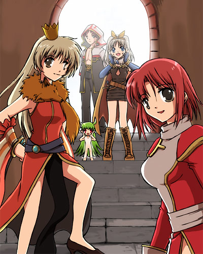 lif (lif & ref), taniguchi mai, alchemist (ragnarok online), high priest (ragnarok online), lif (ragnarok online), monk (ragnarok online), professor, professor (ragnarok online), ragnarok online, homunculus, lowres, 1boy, 4girls, alchemist, bad anatomy, crown, dress, fairy, hat, high priestess, monk, multiple girls, poorly drawn, quality, scarf