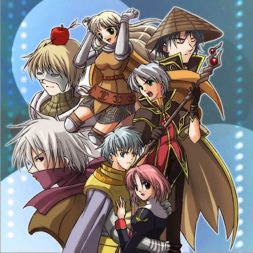 taniguchi mai, assassin (ragnarok online), hunter (ragnarok online), knight (ragnarok online), priest (ragnarok online), wizard (ragnarok online), ragnarok online, lowres, 2girls, 5boys, apple, armor, arrow (projectile), food, food as clothes, fruit, multiple boys, multiple girls, wizard