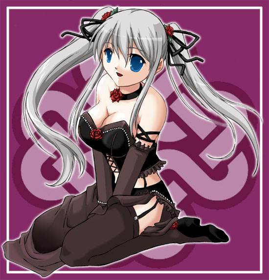 taniguchi mai, nao (mabinogi), rua, mabinogi, silver hair, 1girl, bare shoulders, blue eyes, breasts, choker, cleavage, cosplay, elbow gloves, female focus, gloves, goth fashion, large breasts, rua (cosplay), skirt, solo, thighhighs