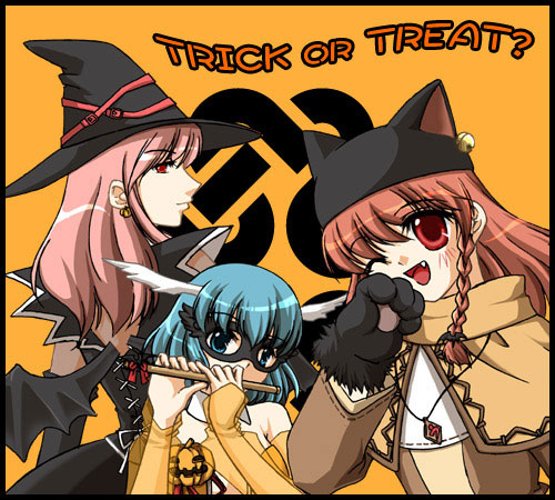 taniguchi mai, lowres, 3girls, animal ears, braid, cat ears, costume, multiple girls, twin braids, wings, witch