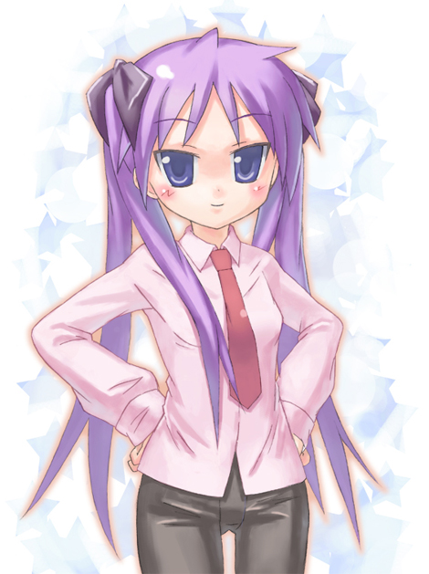 saeki nao, hiiragi kagami, lucky star, 00s, blue eyes, long hair, necktie, purple hair, shirt, solo, tsurime, twintails