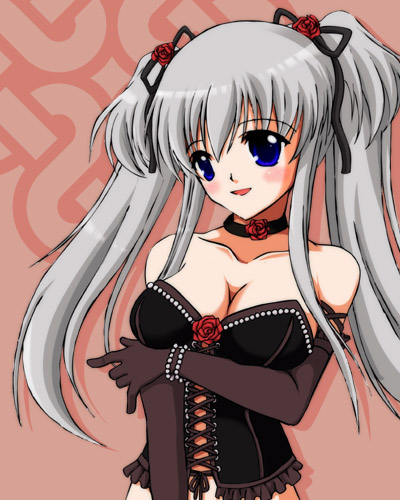 taniguchi mai, nao (mabinogi), rua, mabinogi, silver hair, lowres, 1girl, blue eyes, breasts, cleavage, cosplay, elbow gloves, female focus, gloves, goth fashion, large breasts, rua (cosplay), solo, twintails