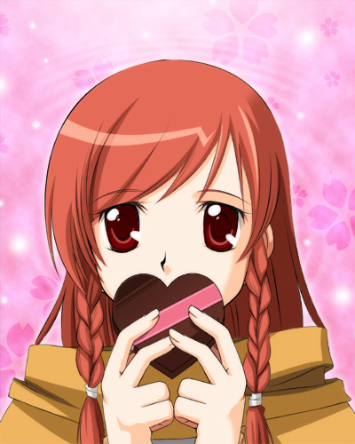 taniguchi mai, lowres, 1girl, braid, candy, chocolate, chocolate heart, female focus, food, heart, red eyes, red hair, solo, twin braids, upper body