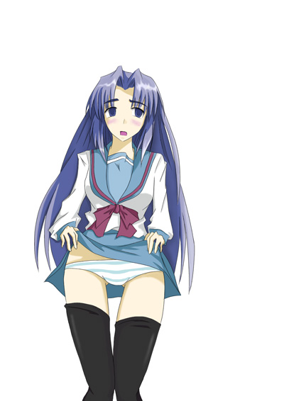 kosame daizu, asakura ryoko, suzumiya haruhi no yuuutsu, 00s, clothes lift, panties, skirt, skirt lift, solo, striped clothes, striped panties, thighhighs, underwear