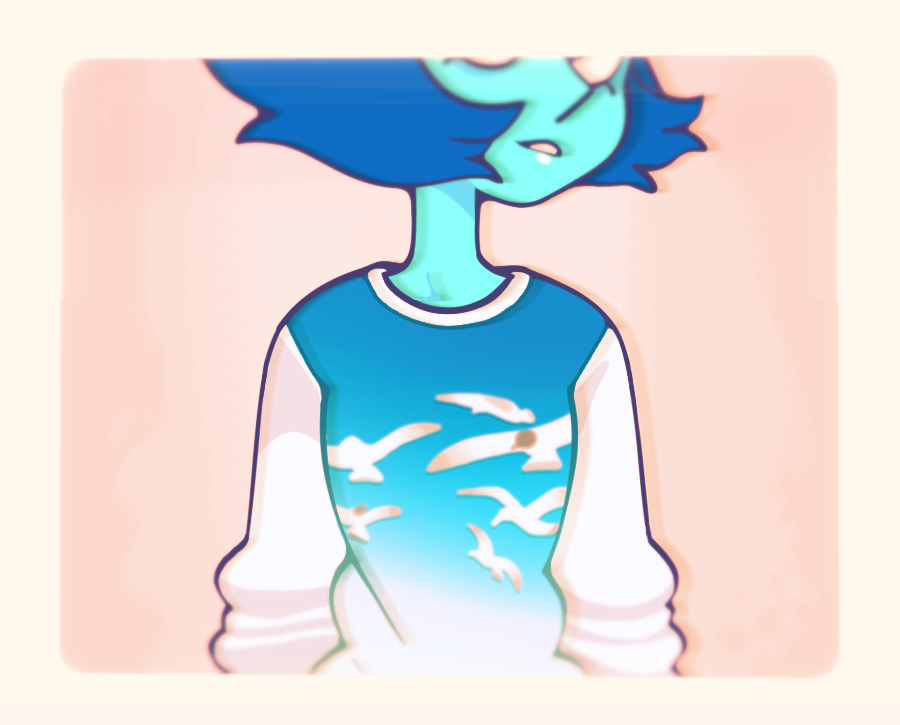 discount-supervillain, lapis lazuli (steven universe), taylor swift, steven universe, derivative work, 1989 (taylor swift), 1girl, album cover redraw, aqua skin, blue hair, border, colored skin, cosplay, lapis lazuli (species) (steven universe), long sleeves, shirt, solo, taylor swift (cosplay), upper body, white border