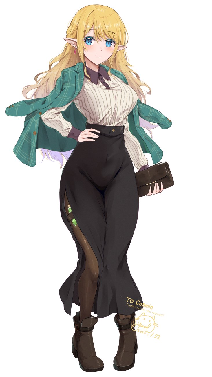 yuuri (orz commushows), original, commentary request, commission, highres, skeb commission, 1girl, bag, black skirt, blonde hair, blue eyes, blush, boots, breasts, brown boots, closed mouth, collared shirt, commissioner name, dated, earrings, elf, full body, green jacket, hand on own hip, holding, holding bag, jacket, jewelry, large breasts, long hair, long skirt, long sleeves, looking at viewer, pointy ears, ribbed shirt, shirt, side slit, signature, simple background, skirt, smile, solo, thank you, white background, white shirt