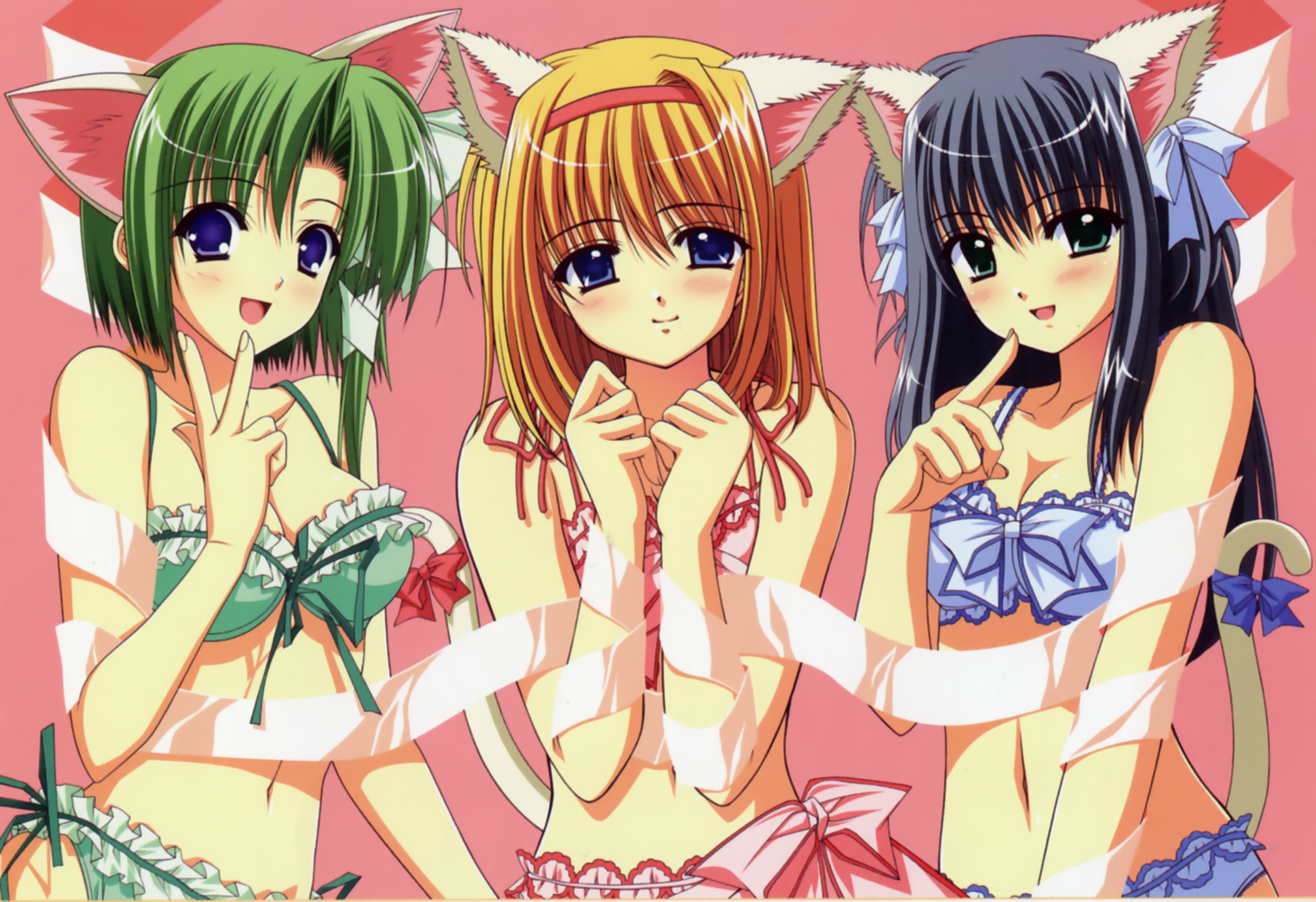 nishimata aoi, suzuhira hiro, fuyou kaede, shigure asa, yae sakura, really? really!, shuffle!, highres, official art, scan, 00s, 3girls, :d, animal ears, aqua eyes, asymmetrical hair, blue bra, blue eyes, blue hair, blue panties, blush, bow, bow bra, bow panties, bra, breasts, cat ears, cat tail, cleavage, clenched hands, closed mouth, collarbone, finger to mouth, fingernails, frilled bra, frilled panties, frills, front-tie top, garter straps, green bra, green eyes, green panties, hair between eyes, hair bow, hair ribbon, hairband, happy, kemonomimi mode, lace, lace-trimmed bra, lace-trimmed panties, lace trim, large breasts, lineup, lingerie, long fingernails, long hair, looking at viewer, medium breasts, multiple girls, navel, open mouth, orange hair, panties, parted bangs, pink background, pink bra, pink panties, pointing, purple eyes, ribbon, ribbon-trimmed bra, ribbon trim, short hair, side-tie panties, sidelocks, simple background, smile, tail, tail bow, tail ornament, tress ribbon, underwear, underwear only, upper body, v, white ribbon