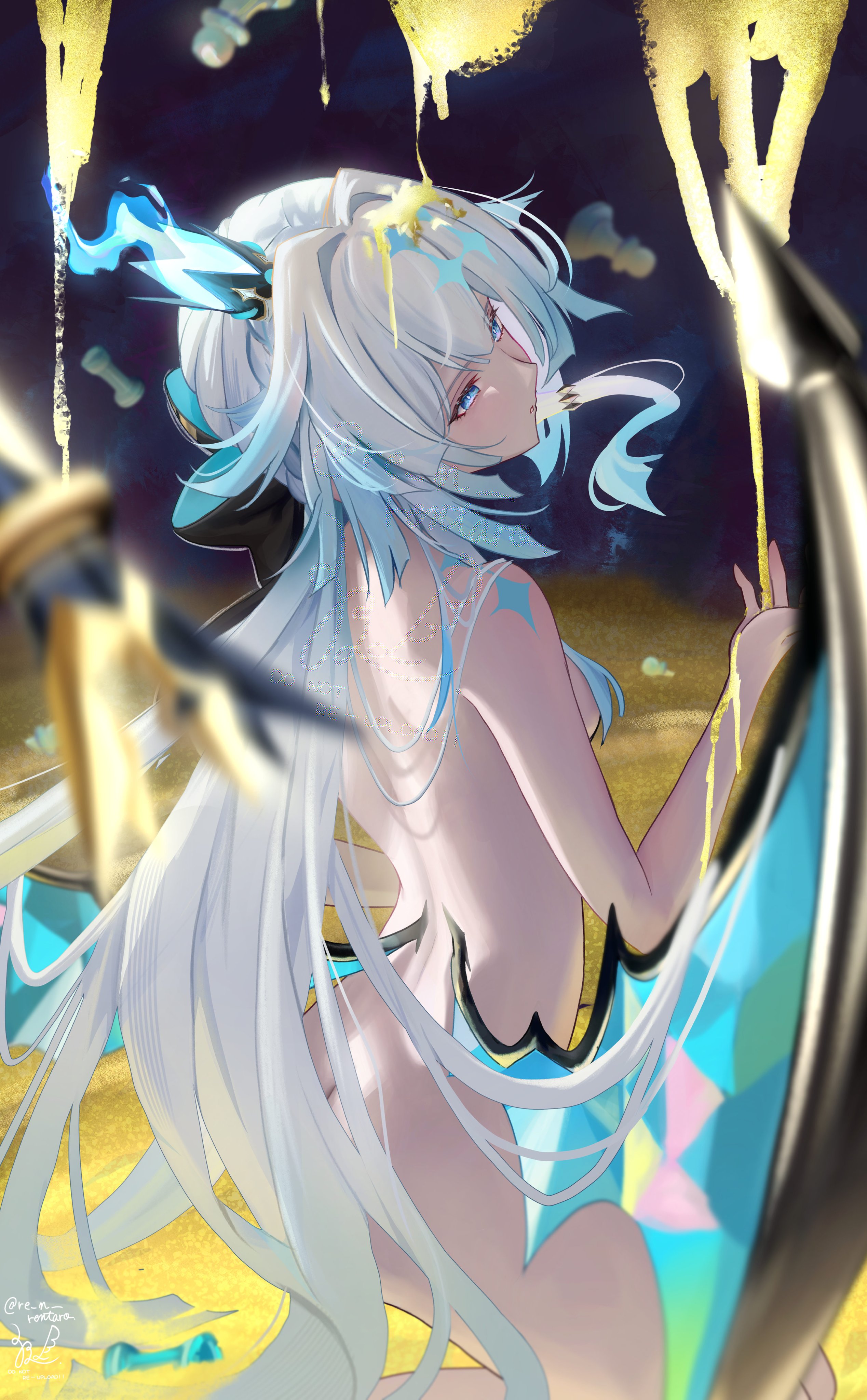sazanami (re n rentaro), cerydra (honkai: star rail), honkai: star rail, honkai (series), absurdres, highres, 1girl, ass, bare shoulders, blue hair, crown, fire, floating hair, from behind, grey hair, long hair, mini crown, nude, solo, very long hair, wings