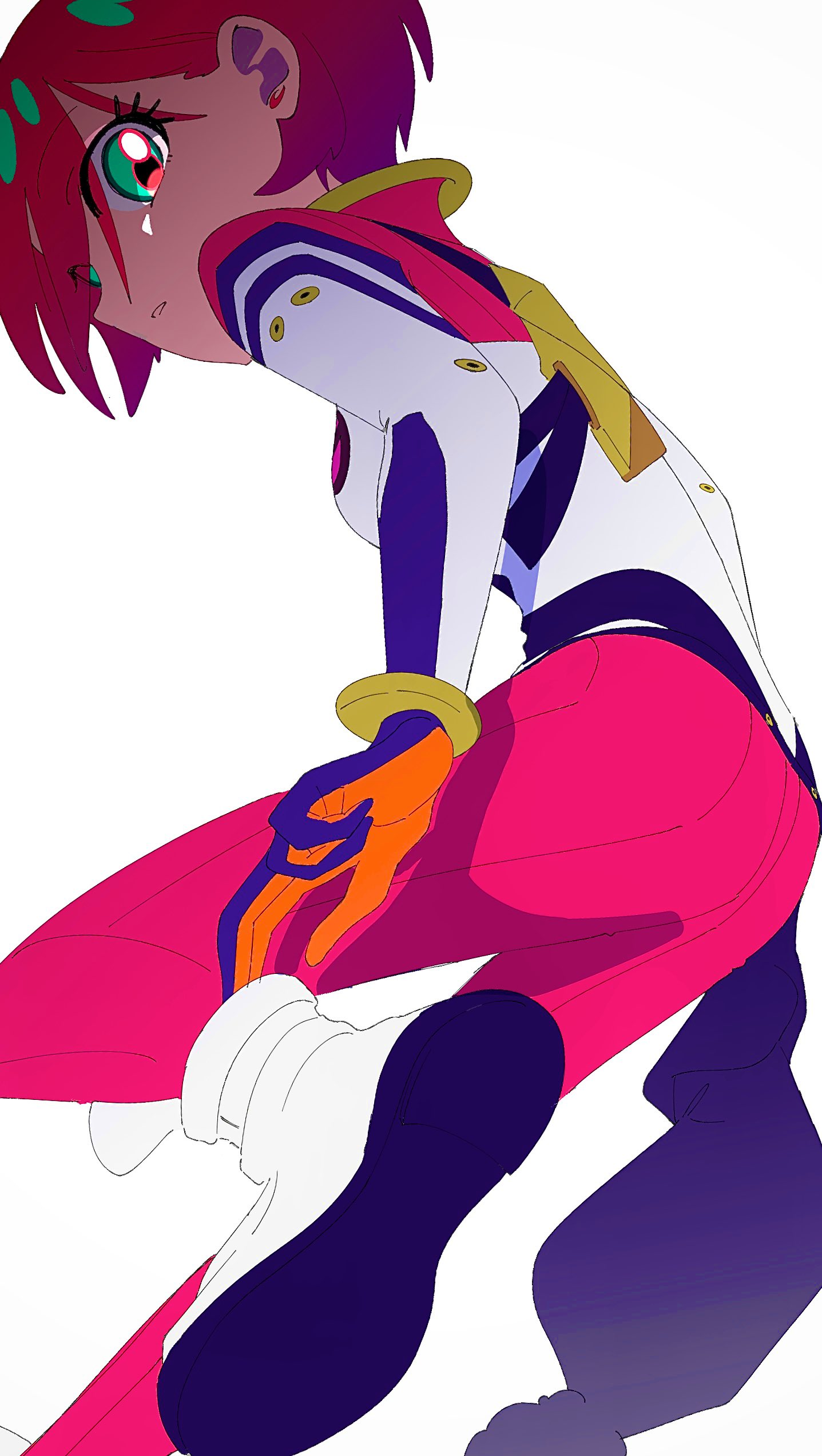 euph0ria 105, amate yuzuriha, gundam, gundam gquuuuuux, absurdres, highres, 1girl, aqua eyes, bodysuit, breasts, earrings, jewelry, looking at viewer, mecha pilot suit, multicolored bodysuit, normal suit (gundam), open mouth, red hair, science fiction, shirt, short hair, simple background, solo, white background