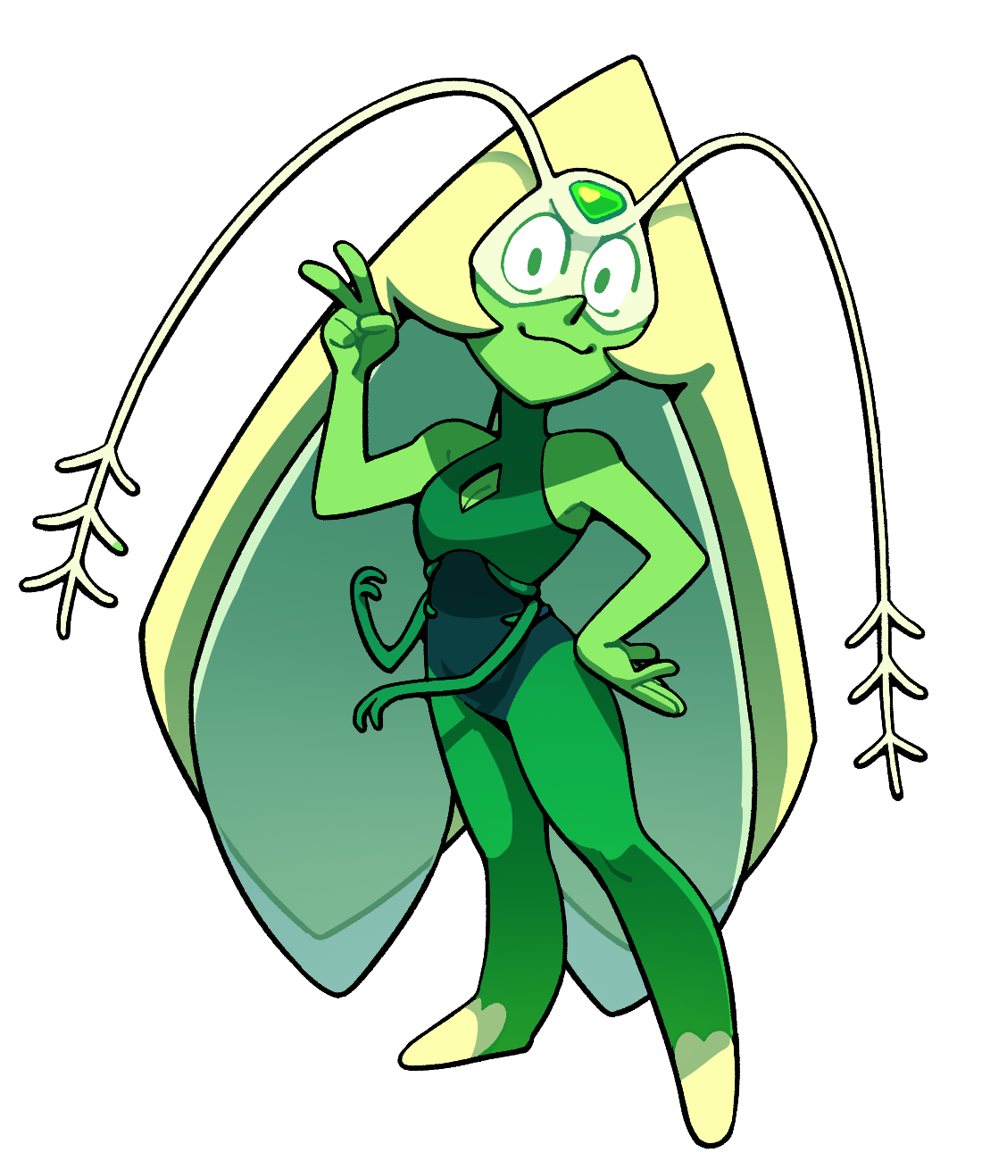 discount-supervillain, peridot (steven universe), steven universe, highres, 1girl, adapted costume, alien, alternate costume, blonde hair, bodysuit, breasts, cleavage, cleavage cutout, clothing cutout, colored skin, forehead jewel, full body, gem, green bodysuit, green skin, simple background, smile, solo