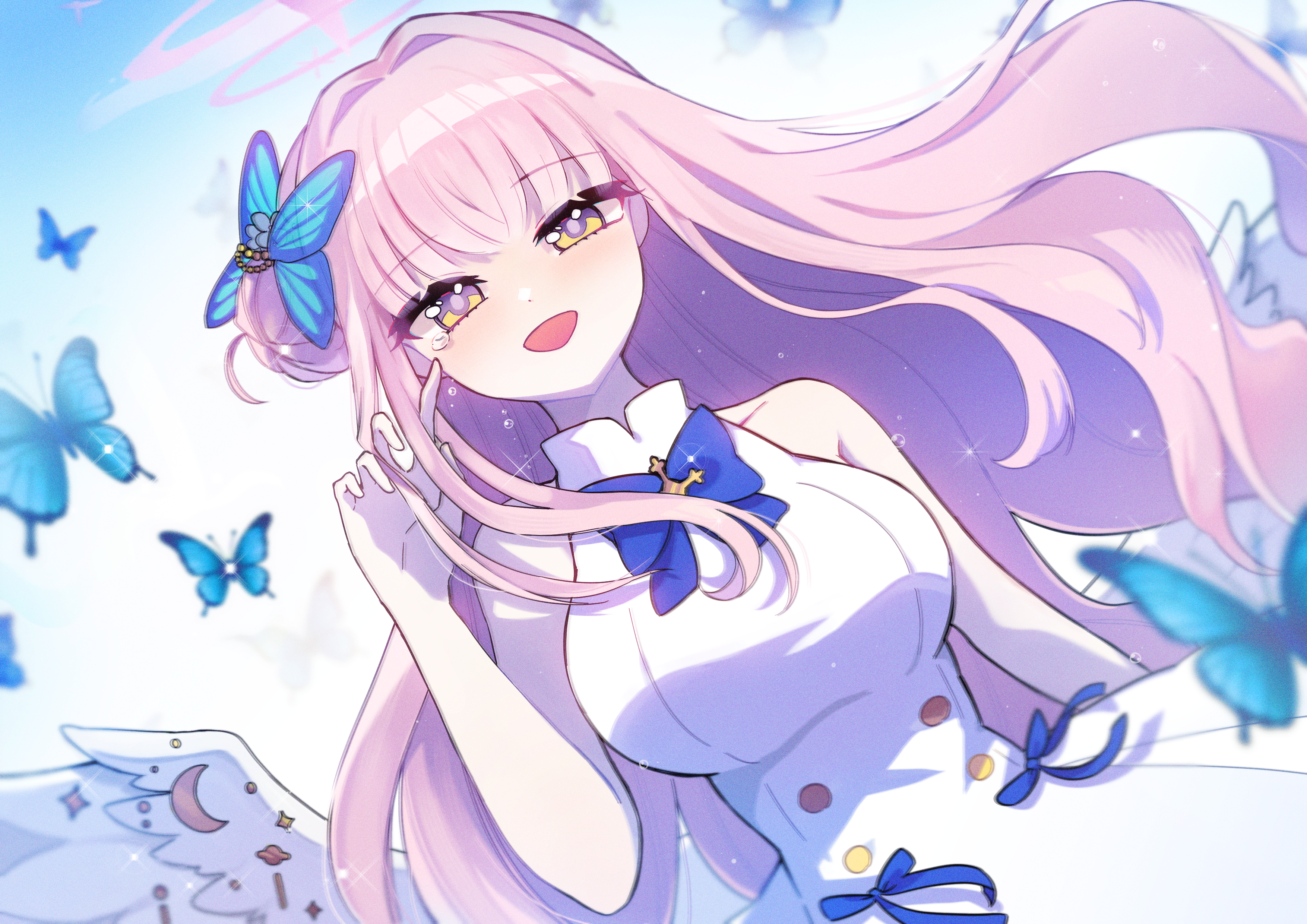 getty-gy, mika (blue archive), blue archive, absurdres, highres, 1girl, angel wings, blue bow, blue butterfly, blush, bow, breasts, bug, butterfly, butterfly hair ornament, buttons, collarbone, dress, feathered wings, hair ornament, halo, insect, long hair, looking at viewer, low wings, medium breasts, open mouth, pink hair, pink halo, purple eyes, sleeveless, sleeveless dress, smile, solo, very long hair, white dress, white wings, wings