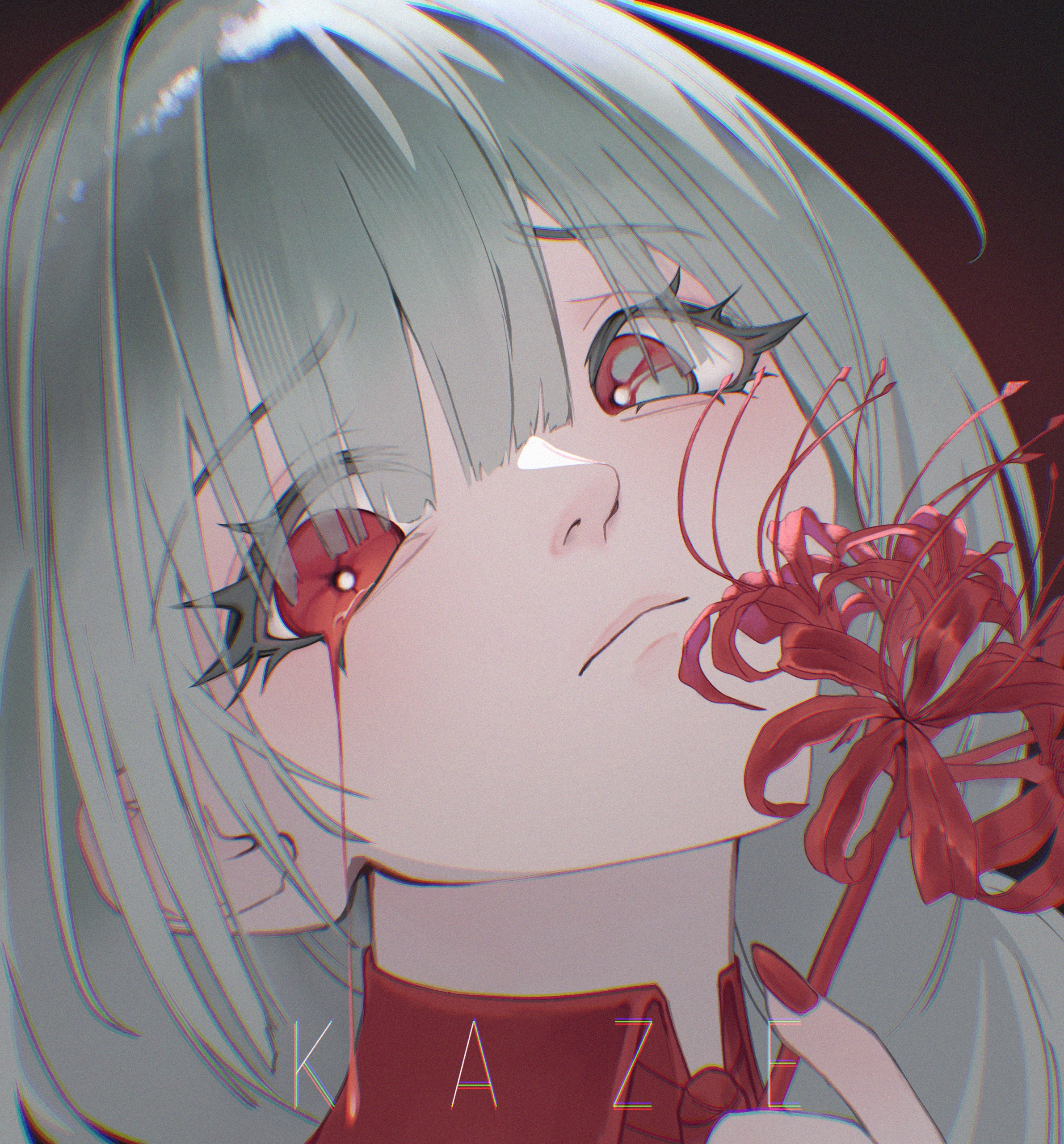 attakaikazeart, phrolova (wuthering waves), wuthering waves, absurdres, commentary, english commentary, highres, 1girl, artist name, blood, bloody tears, chromatic aberration, closed mouth, fingernails, flower, grey eyes, head tilt, heterochromia, holding, holding flower, long hair, looking at viewer, nail polish, portrait, red eyes, red nails, solo, spider lily