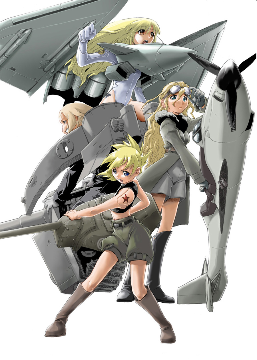 mikuni aoi, junkers ju 87, t-34, original, jet, vehicle, highres, 4girls, aircraft, airplane, blonde hair, boots, caterpillar tracks, eurofighter typhoon, goggles, long hair, luftwaffe, mecha musume, military, military vehicle, motor vehicle, multiple girls, russia, simple background, tank, tiger i, wehrmacht