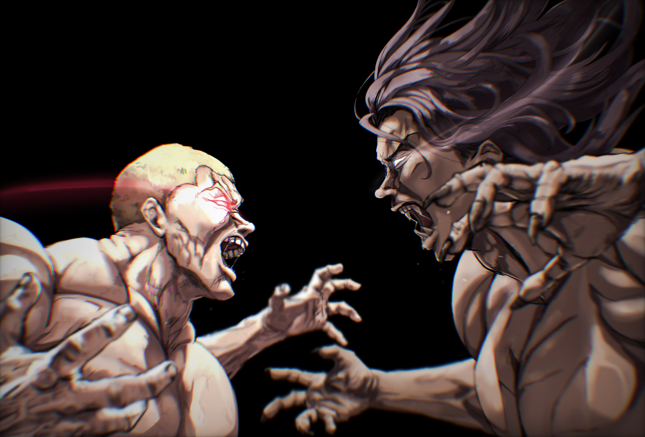 jack hanma, pickle (grappler baki), grappler baki, highres, 2boys, black background, black hair, blonde hair, caveman, eye trail, fang, fighting, fingernails, glowing, glowing eyes, kinokoto-simeji, light trail, long hair, multiple boys, muscular, open mouth, profile, sharp fingernails, sharp teeth, short hair, simple background, teeth, upper body