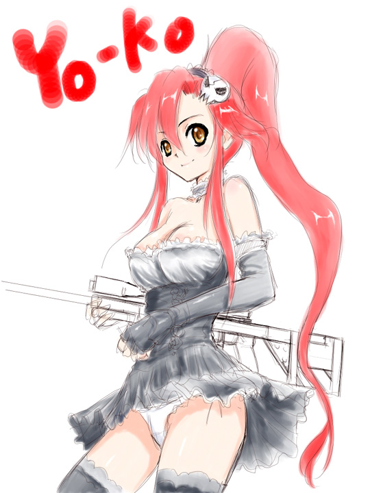 niwatori kokezou, yoko littner, tengen toppa gurren lagann, 00s, gothic lolita, gun, lolita fashion, long hair, panties, pantyshot, red hair, rifle, sniper rifle, solo, thighhighs, underwear, weapon, yellow eyes