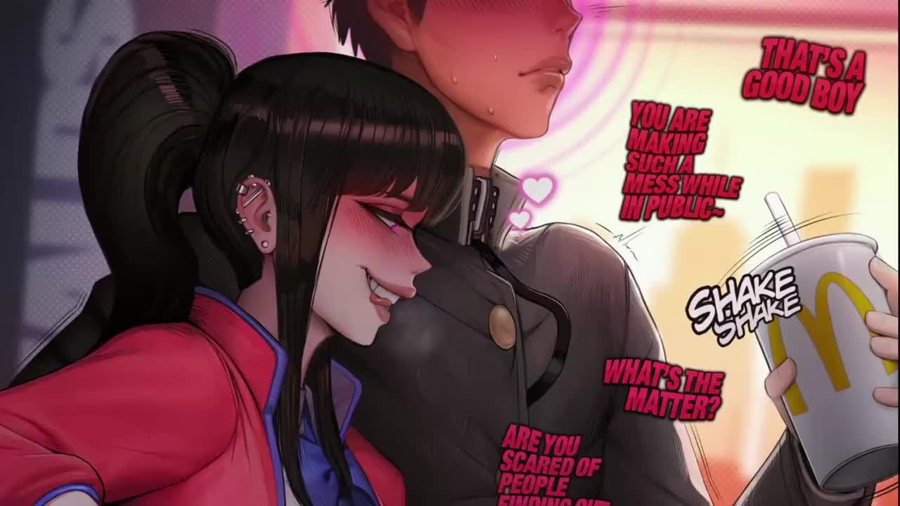 akujisaitova, aluryva, picturd, boyfriend (yoru mac), girlfriend (yoru mac), mcdonald's, yoru mac, animated, tagme, video, 1boy, 1girl, animal collar, assertive female, barbell piercing, black hair, black nails, breasts, burger, collar, covered erect nipples, crop top, cum, cup, drinking straw, ear piercing, earrings, ejaculation, english text, femdom, fingernails, food, handjob, head out of frame, hetero, holding, holding cup, holding leash, jacket, jewelry, leash, long fingernails, multiple earrings, naughty face, navel, navel piercing, nipple piercing, no bra, parted lips, piercing, ponytail, public indecency, restaurant, school uniform, see-through clothes, see-through shirt, shirt, sitting, small breasts, smile, stealth handjob, stealth sex, stomach, stud earrings, sweat, table, tongue, tongue out, trembling, uncensored, under table, window