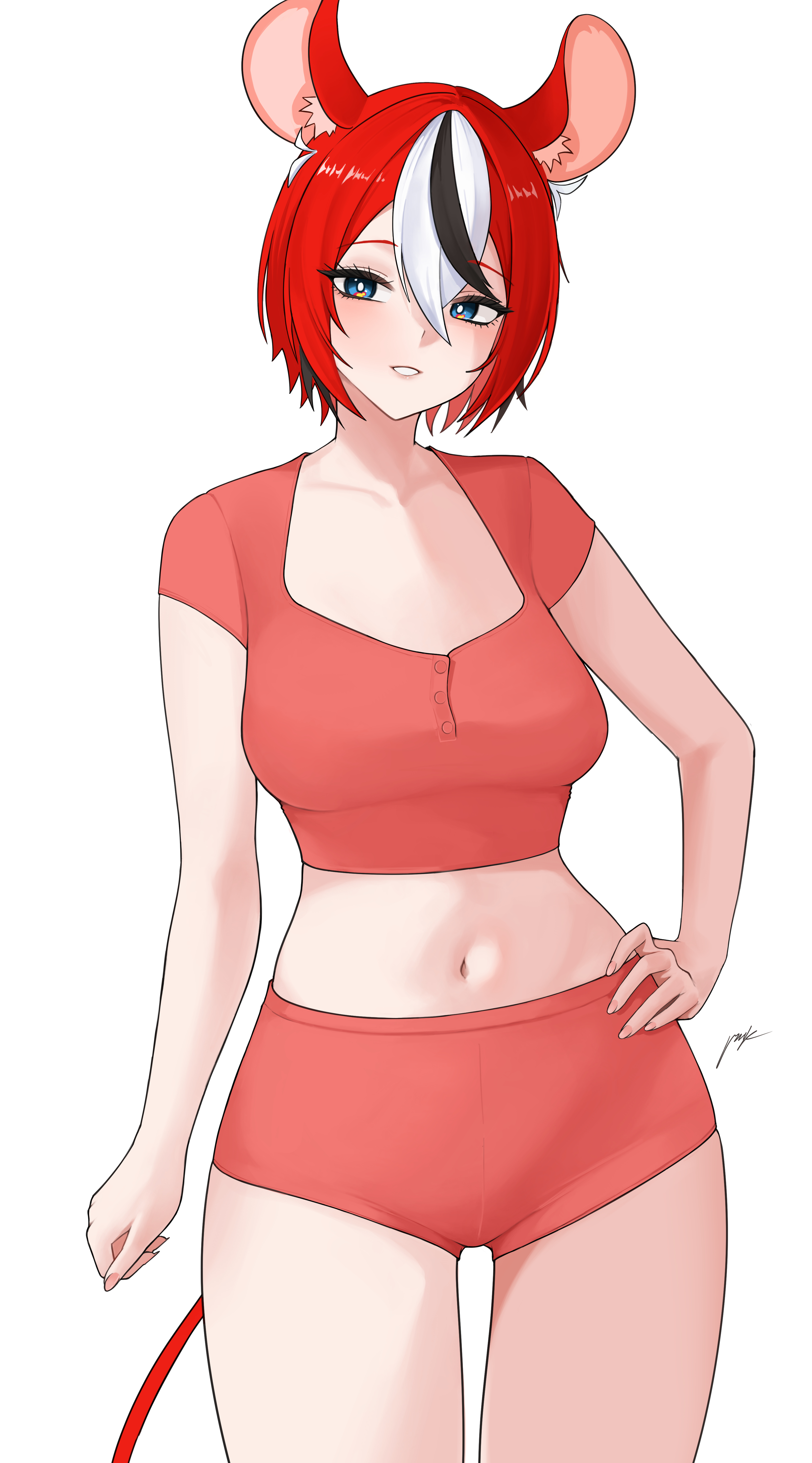 pynkmouth, hakos baelz, hololive, hololive english, absurdres, commentary, english commentary, highres, 1girl, alternate costume, alternate hairstyle, animal ears, black hair, blue eyes, breasts, cowboy shot, crop top, cropped shirt, double-parted bangs, grin, hair between eyes, hand on own hip, large breasts, looking at viewer, midriff, mouse ears, mouse girl, mouse tail, multicolored hair, navel, red hair, red shirt, red shorts, shirt, short hair, short shorts, short sleeves, shorts, simple background, smile, solo, streaked hair, tail, virtual youtuber, white background, white hair