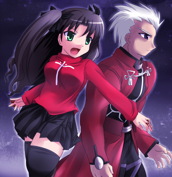 jun (aoerm), archer (fate), tohsaka rin, fate/stay night, fate (series), silver hair, 00s, 1boy, 1girl, black skirt, black thighhighs, brown hair, cowboy shot, dark-skinned male, dark skin, green eyes, long hair, long sleeves, pleated skirt, skirt, standing, sweater, thighhighs, two side up, zettai ryouiki