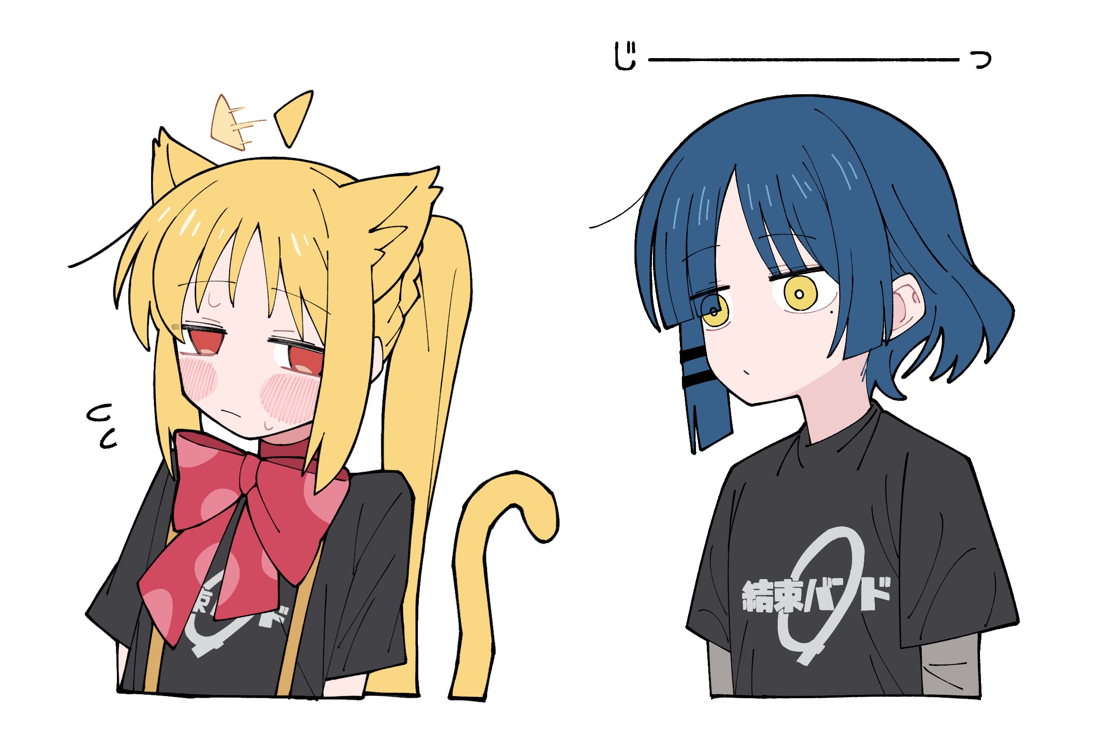 sabi1234, ijichi nijika, yamada ryo, bocchi the rock!, commentary request, highres, 2girls, afterimage, ahoge, ahoge wag, animal ears, black shirt, blonde hair, blue hair, blush stickers, bow, bowtie, bright pupils, cat ears, cat girl, cat tail, closed mouth, cropped torso, detached ahoge, embarrassed, expressive hair, eyes visible through hair, flat chest, flying sweatdrops, hair ornament, hairclip, kemonomimi mode, kessoku band t-shirt, long hair, looking at another, looking to the side, mole, mole under eye, multiple girls, parted bangs, polka dot, polka dot bow, polka dot bowtie, ponytail, red bow, red bowtie, red eyes, shirt, short hair, sideways glance, simple background, staring, sweatdrop, tail, white background, white pupils, yellow eyes
