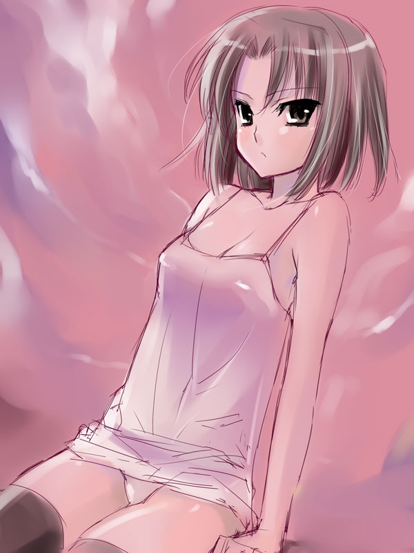 akito (ao's club), akito (artist), ryougi shiki, kara no kyoukai, 1girl, breasts, brown eyes, brown hair, camisole, cleavage, female focus, lingerie, panties, short hair, sitting, solo, thighhighs, underwear, white panties
