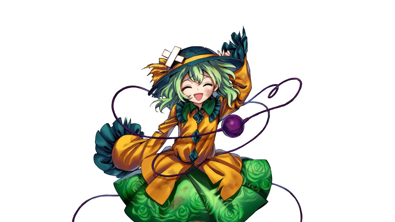 harukawa moe, komeiji koishi, touhou, urban legend in limbo, official art, 1girl, ^ ^, beaten, closed eyes, green eyes, green hair, hat, long sleeves, open mouth, shirt, skirt, solo, tachi-e, third eye, torn clothes, wide sleeves