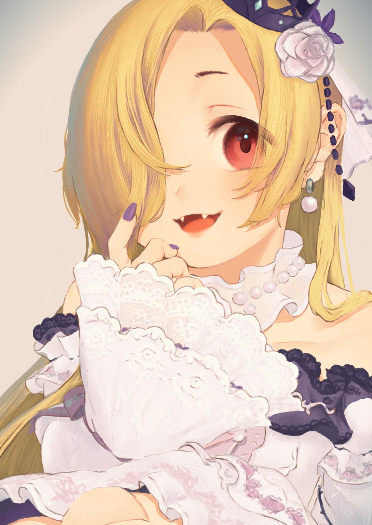 shirasaka koume, idolmaster, idolmaster cinderella girls, highres, 1girl, bare shoulders, blonde hair, crown, doll joints, dress, earrings, fangs, flower, hair flower, hair ornament, hair over one eye, jewelry, joints, long hair, looking at viewer, moriyama pic, open mouth, red eyes, rose, sitting, smile, solo, white dress, wide sleeves