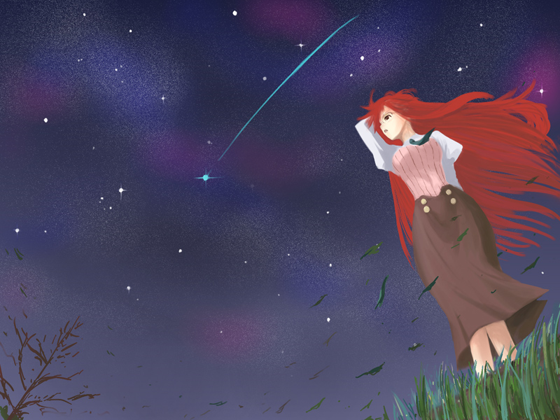 niwatori kokezou, yoko littner, yomako, tengen toppa gurren lagann, 00s, 1girl, alternate hairstyle, brown skirt, female focus, glasses, hair down, long hair, long skirt, necktie, night, red hair, skirt, sky, solo, star (sky), star (symbol), starry sky, teacher, wind, yellow eyes
