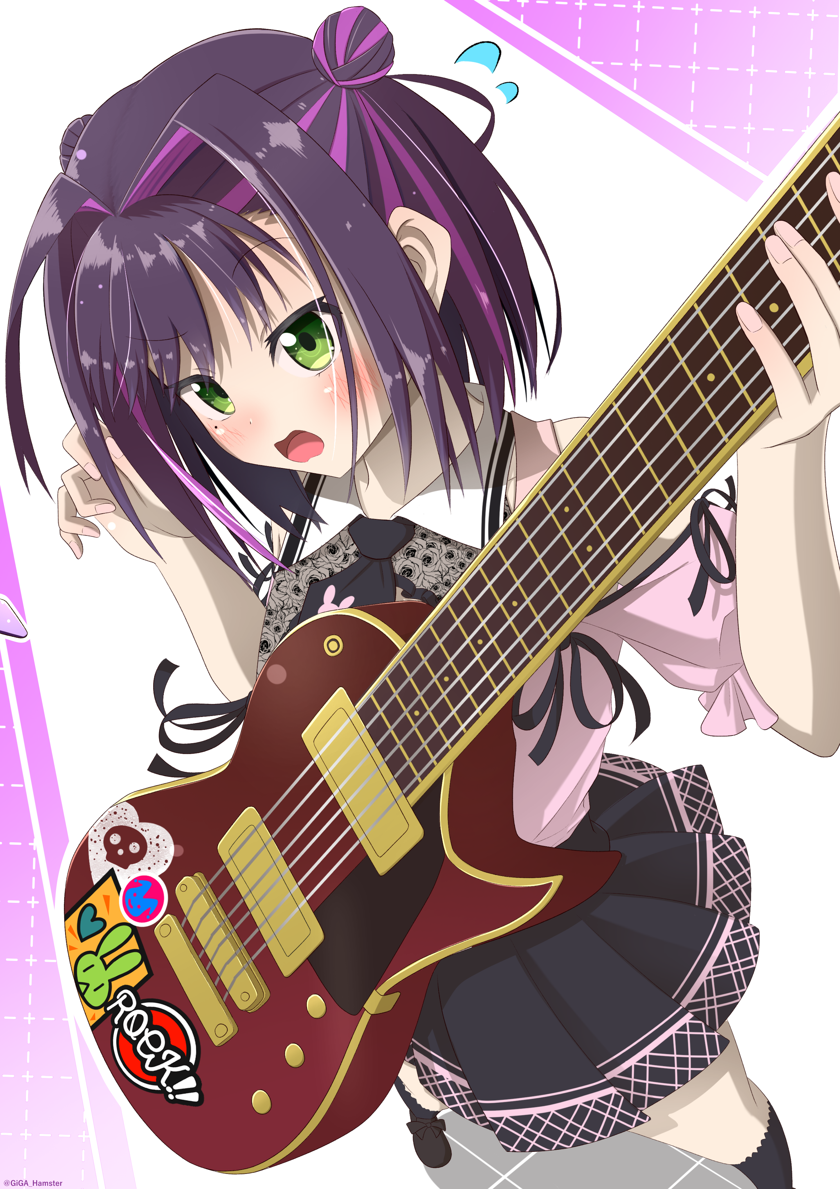 absurdres, commentary request, highres, 1girl, black bow, black hair, black necktie, black ribbon, black shoes, black skirt, black socks, blush, bow, double bun, dutch angle, fingernails, flying sweatdrops, foot out of frame, footwear bow, foreshortening, frilled sleeves, frills, frown, giga hamster, green eyes, guitar, hair between eyes, hair bun, hair intakes, hands up, holding, holding guitar, holding instrument, instrument, jirai kei, kneehighs, limelight lemonade jam, looking to the side, medium hair, miniskirt, mole, mole under eye, multicolored hair, nabari anju, necktie, off-shoulder shirt, off shoulder, open mouth, outline, pink shirt, pleated skirt, purple hair, ribbon, shirt, shoes, short sleeves, sidelocks, simple background, skirt, sleeve ribbon, socks, solo, standing, straight hair, streaked hair, twitter username, two-tone hair, v-shaped eyebrows, white background, white outline