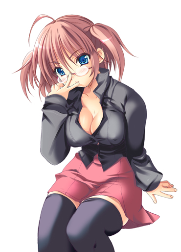 1girl, blue eyes, breasts, brown hair, cleavage, female focus, glasses, large breasts, miniskirt, shirt, skirt, solo, thighhighs, twintails, zettai ryouiki