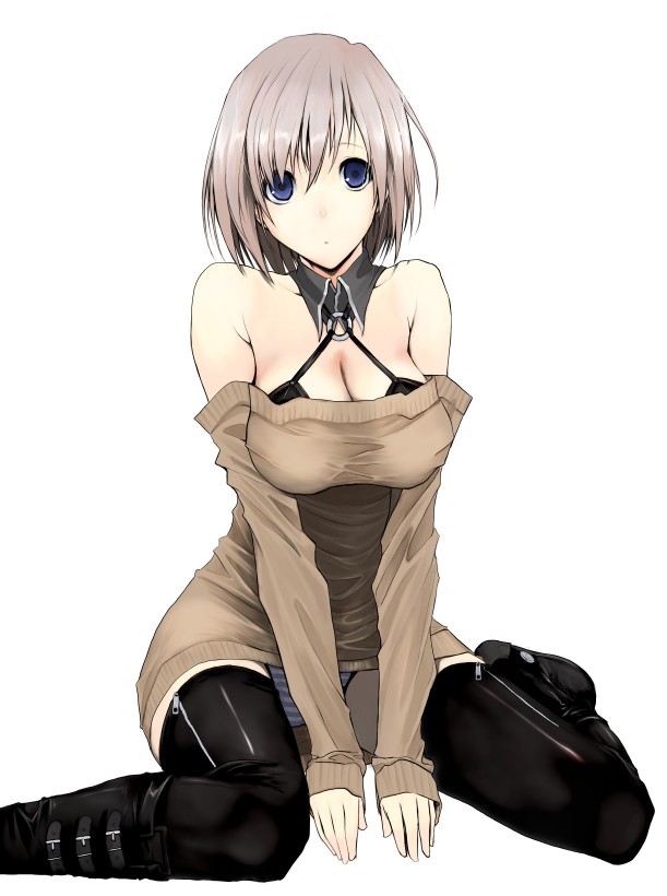 akahoshi kenji, original, silver hair, 1girl, bare shoulders, black thighhighs, blue eyes, blue panties, boots, breasts, cleavage, dress, female focus, large breasts, off shoulder, panties, pantyshot, shiny clothes, short dress, short hair, simple background, sitting, solo, strap, striped clothes, striped panties, thighhighs, underwear, zettai ryouiki, zipper
