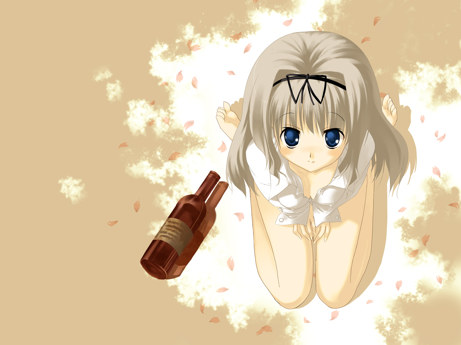 arikawa satoru, kusugawa sasara, to heart (series), to heart 2, highres, 00s, 1girl, barefoot, blue eyes, bottle, breasts, cleavage, covered erect nipples, female focus, from above, hair ribbon, long hair, looking at viewer, looking up, no bra, open clothes, open shirt, petals, ribbon, shirt, sitting, solo, wariza