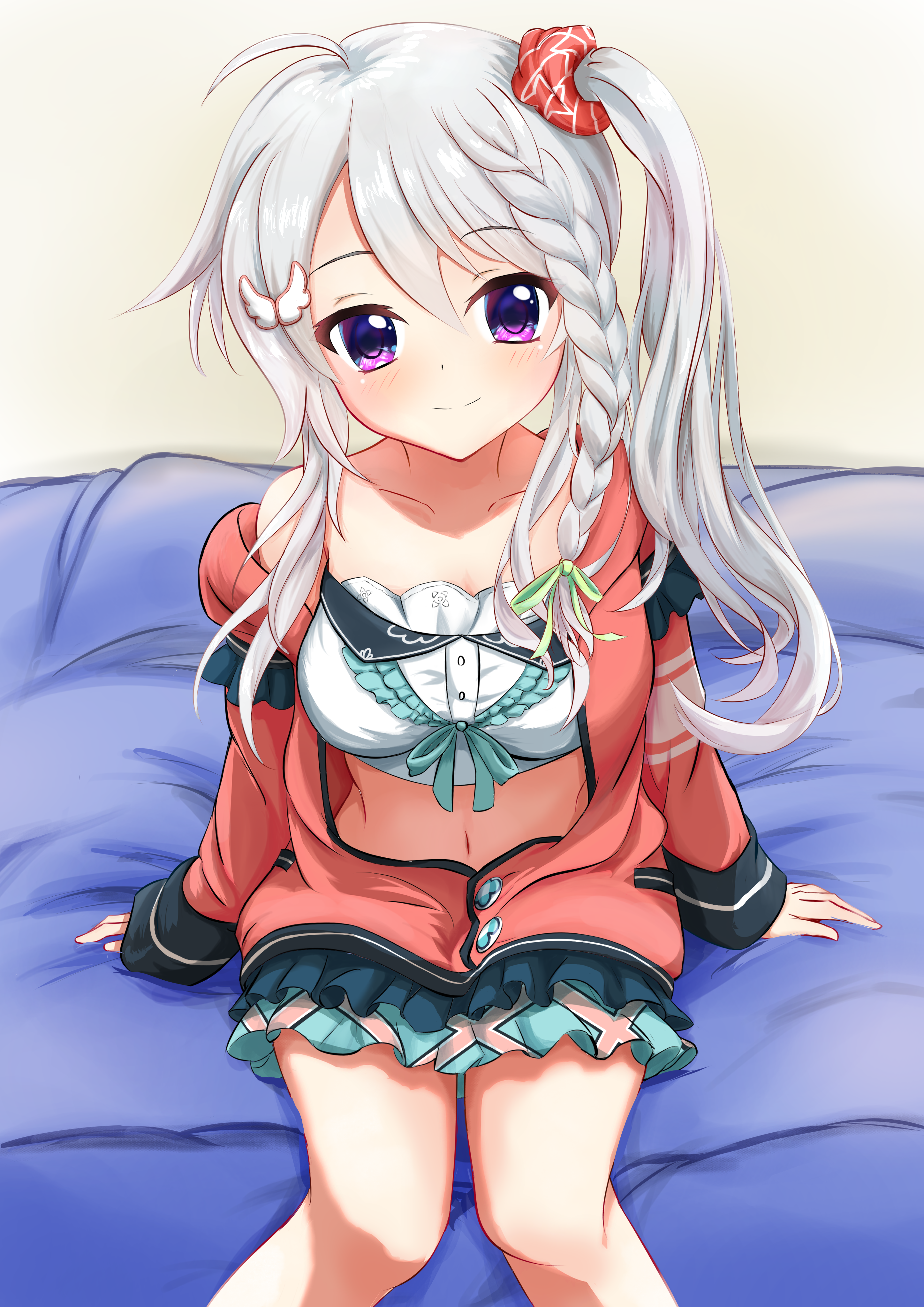niimi sora, 9-nine-, absurdres, commentary, highres, 1girl, ahoge, arms at sides, blue skirt, blush, breasts, butterfly hair ornament, cardigan, center frills, closed mouth, collarbone, crop top, feet out of frame, frilled shirt, frills, green ribbon, grey hair, hair between eyes, hair ornament, hair ribbon, hair scrunchie, indoors, large breasts, long hair, looking at viewer, midriff, miniskirt, navel, on bed, open cardigan, open clothes, pleated skirt, purple eyes, red cardigan, red scrunchie, ribbon, scrunchie, shirt, side ponytail, sidelocks, single bare shoulder, sitting, skirt, sleeves past wrists, smile, solo, split mouth, star (symbol), star print, user gysx4228, white shirt