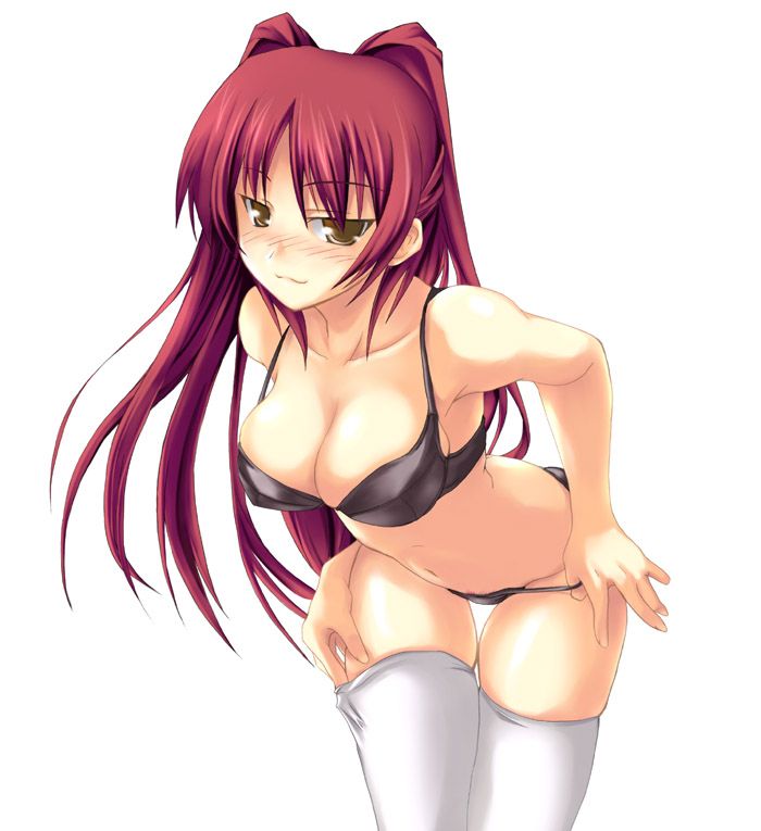 soba (saz), kousaka tamaki, to heart (series), to heart 2, duplicate, 00s, 1girl, :3, bra, breasts, brown eyes, cleavage, female focus, lingerie, long hair, panties, panty pull, red hair, solo, thighhighs, underwear, underwear only