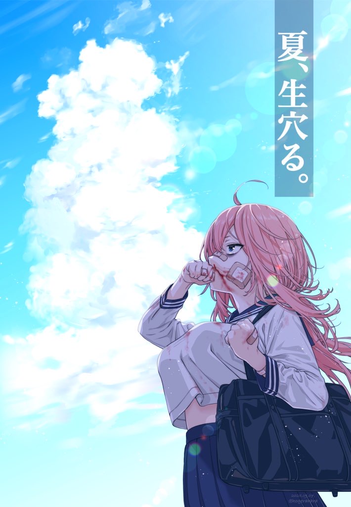 hogerarara, michinoku komaro, seitokai ni mo ana wa aru!, translation request, 1girl, ahoge, bag, bags under eyes, bandaid, bandaid on face, bandaid on hand, bandaid on nose, blood, blood on hands, blue sailor collar, blue skirt, blue sky, breasts, day, large breasts, lens flare, long hair, long sleeves, midriff, nosebleed, pink hair, sailor collar, school bag, school uniform, serafuku, shirt, skirt, sky, solo, white shirt, wiping nose
