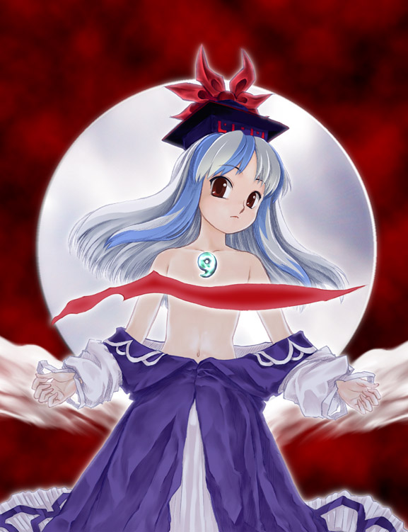 kiriu, kamishirasawa keine, touhou, 1girl, blue eyes, breasts, breasts out, female focus, flat chest, hat, long hair, magatama, multicolored hair, navel, off shoulder, red eyes, solo, topless female, two-tone hair, undressing, upper body, white hair