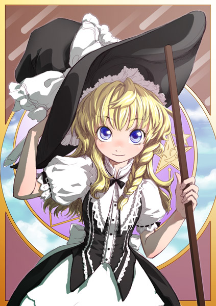 kiriu, kirisame marisa, touhou, 1girl, adjusting clothes, adjusting headwear, apron, black dress, blonde hair, blue eyes, border, braid, broom, collar, dress, embellished costume, female focus, hat, holding, looking at viewer, puffy short sleeves, puffy sleeves, short hair, short sleeves, single braid, solo, upper body, waist apron, witch hat