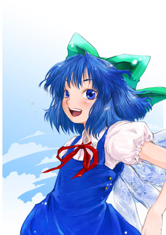 kiriu, cirno, shoot the bullet, touhou, 1girl, blue eyes, blue hair, bow, cloud, day, female focus, hair bow, matching hair/eyes, open mouth, outdoors, puffy short sleeves, puffy sleeves, short hair, short sleeves, sky, solo, standing