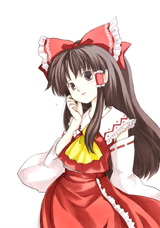 kiriu, hakurei reimu, imperishable night, touhou, 1girl, ascot, black eyes, black hair, bow, detached sleeves, female focus, hair bow, hair tubes, hand on own ear, long hair, red bow, ribbon-trimmed sleeves, ribbon trim, solo