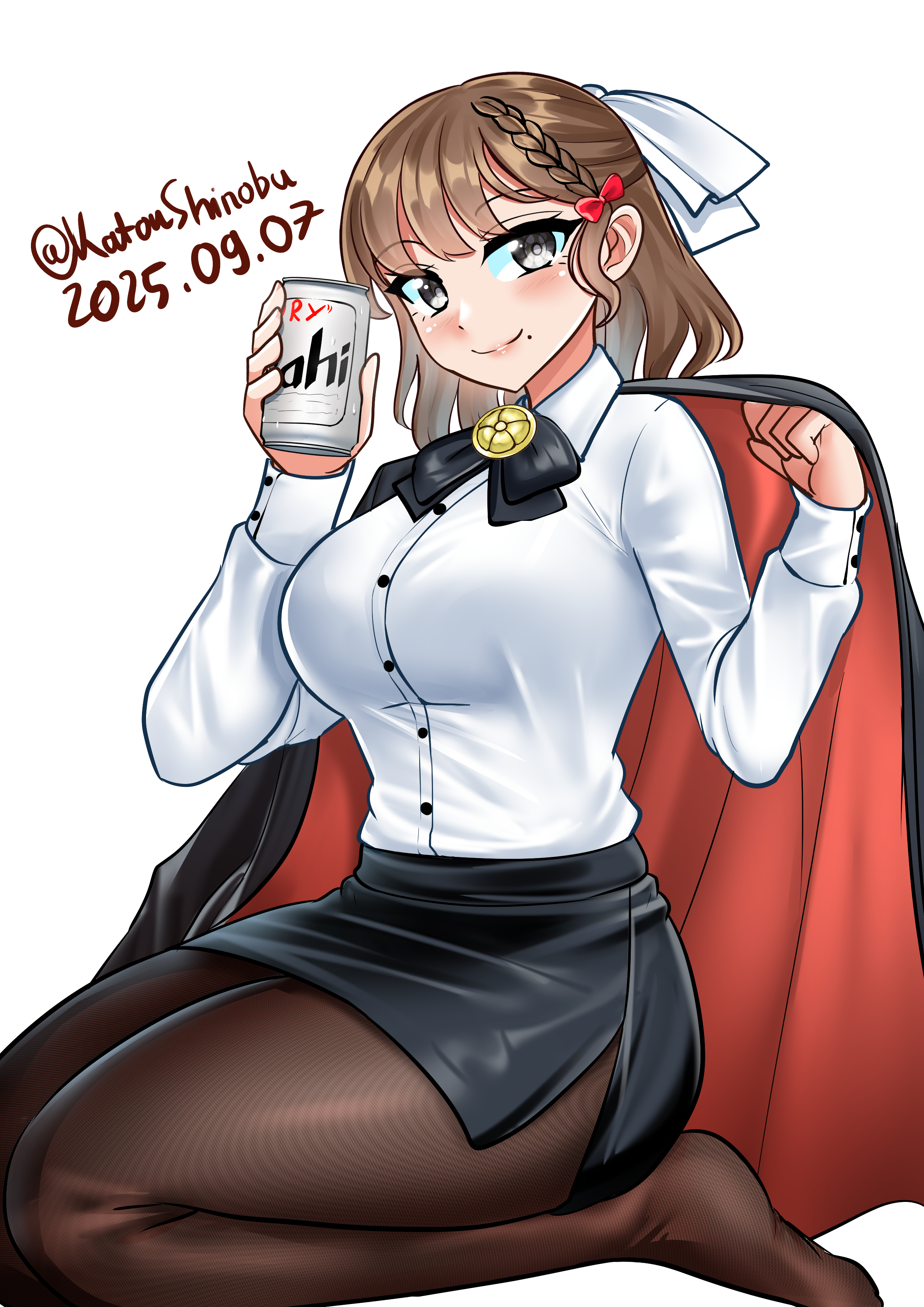 katou shinobu, asahi (kancolle), asahi breweries, kantai collection, absurdres, highres, 1girl, beer can, black pantyhose, black skirt, braid, breasts, brown hair, can, dated, drink can, grey eyes, hair ribbon, holding, holding can, large breasts, long sleeves, looking at viewer, miniskirt, mole, mole under mouth, office lady, pantyhose, pencil skirt, ribbon, seiza, shirt, short hair, sitting, skirt, smile, solo, white ribbon, white shirt