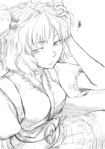 kiriu, onozuka komachi, touhou, 1girl, female focus, greyscale, monochrome, sketch, solo, white background