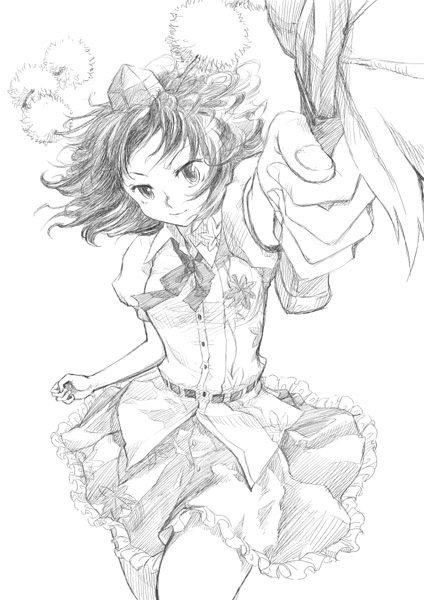kiriu, shameimaru aya, touhou, graphite (medium), traditional media, 1girl, female focus, foreshortening, greyscale, hand fan, hat, monochrome, short hair, sketch, smile, solo, tokin hat