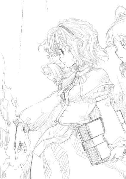 kiriu, alice margatroid, shanghai doll, touhou, 1girl, book, capelet, female focus, greyscale, grimoire, grimoire of alice, magic, monochrome, short hair, sketch, solo