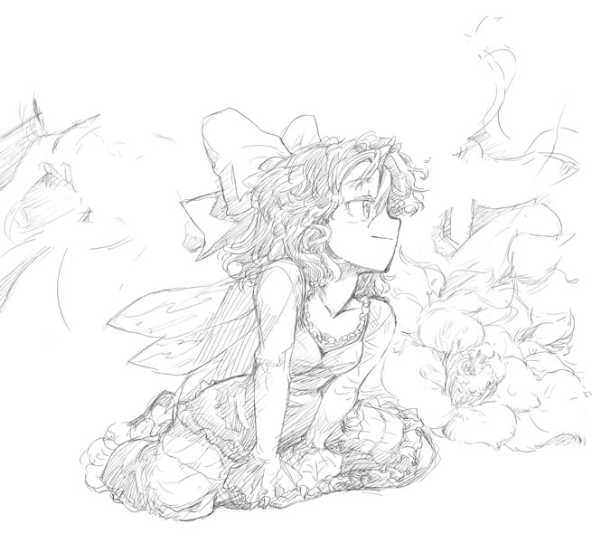 kiriu, cirno, touhou, 1girl, alternate costume, bow, dress, female focus, flower, frills, greyscale, hair bow, long sleeves, monochrome, sitting, sketch, smile, solo, wings