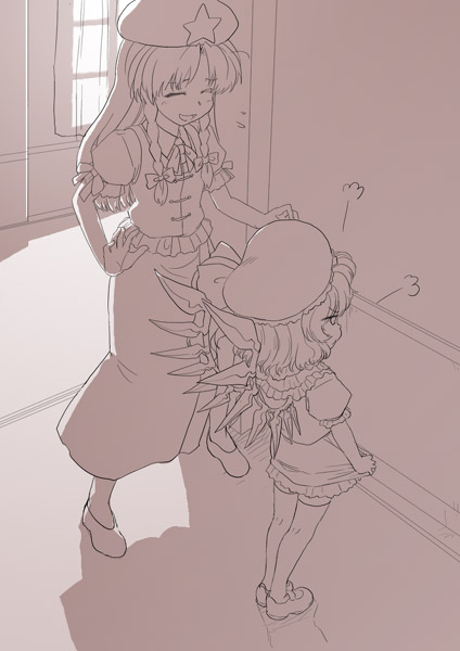 kiriu, flandre scarlet, hong meiling, embodiment of scarlet devil, touhou, 2girls, braid, female focus, hat, jitome, long hair, mary janes, monochrome, multiple girls, pink theme, pout, shoes, short hair, skirt, skirt hold, skirt tug, standing, thighhighs, twin braids, wings