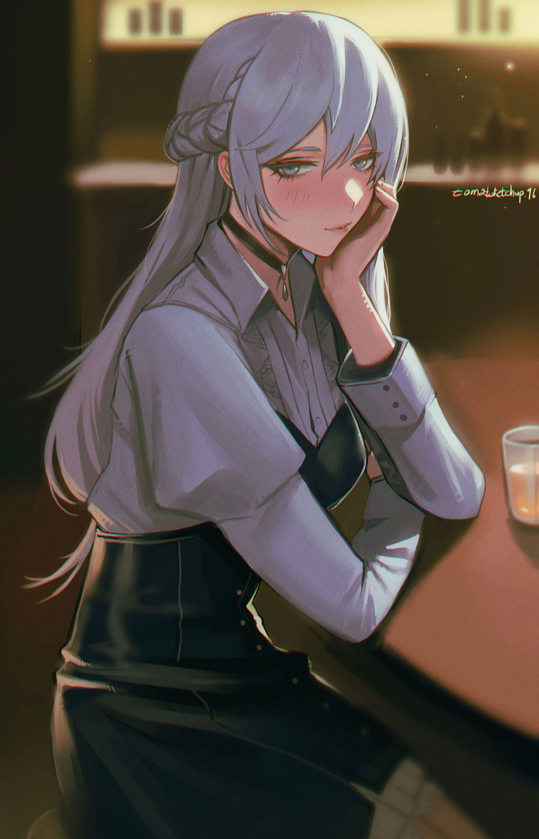 tomatoketchup96, montagne kotone, persona, persona 5, persona 5: the phantom x, absurdres, commentary, commission, english commentary, highres, pixiv commission, 1girl, artist name, blue eyes, blurry, blurry background, blush, braid, closed mouth, collared shirt, cup, grey hair, hand on own cheek, hand on own face, indoors, juliet sleeves, long hair, long sleeves, puffy sleeves, shirt, sitting, solo, table