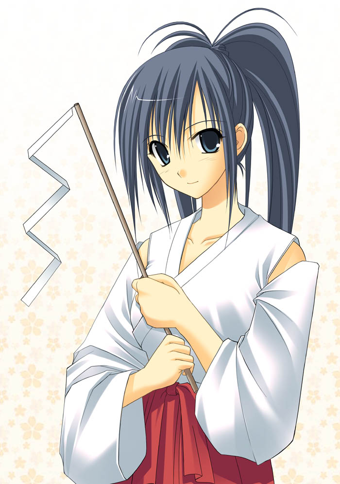 takepon, original, 1girl, blue eyes, blue hair, female focus, gohei, hakama, hakama skirt, japanese clothes, matching hair/eyes, miko, red hakama, skirt, solo