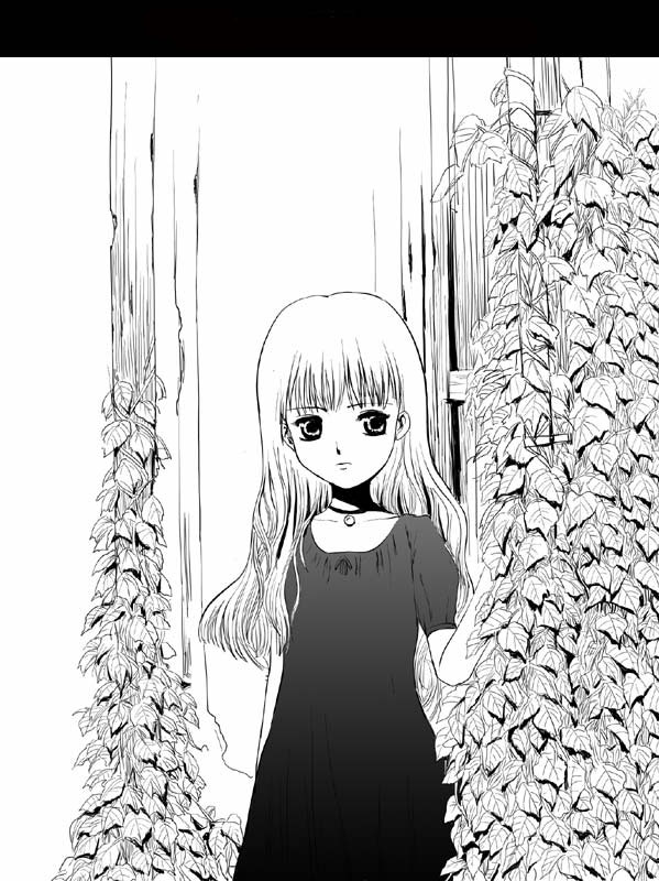 tagme, 1girl, dress, female focus, greyscale, leaf, long hair, monochrome, solo
