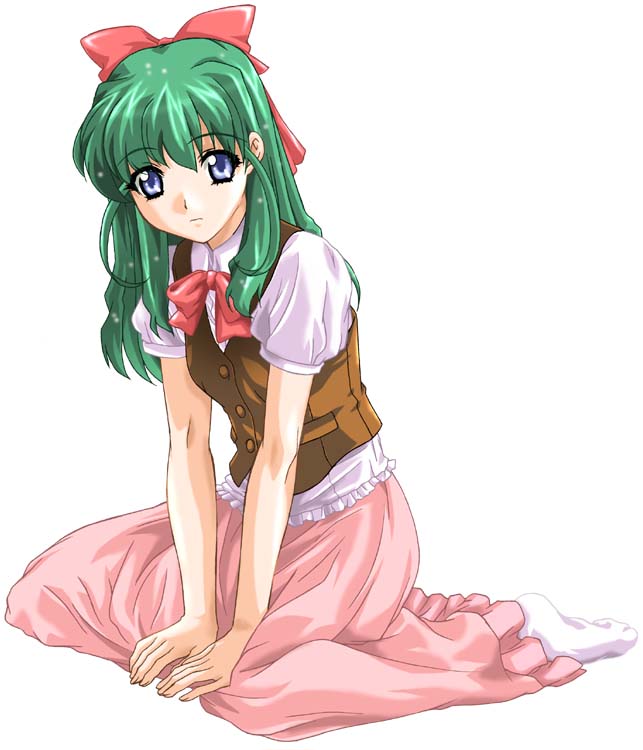 onodera karen, onegai twins, 00s, blue eyes, green hair, hair ribbon, ribbon, school uniform, serafuku, simple background, socks, solo, white background