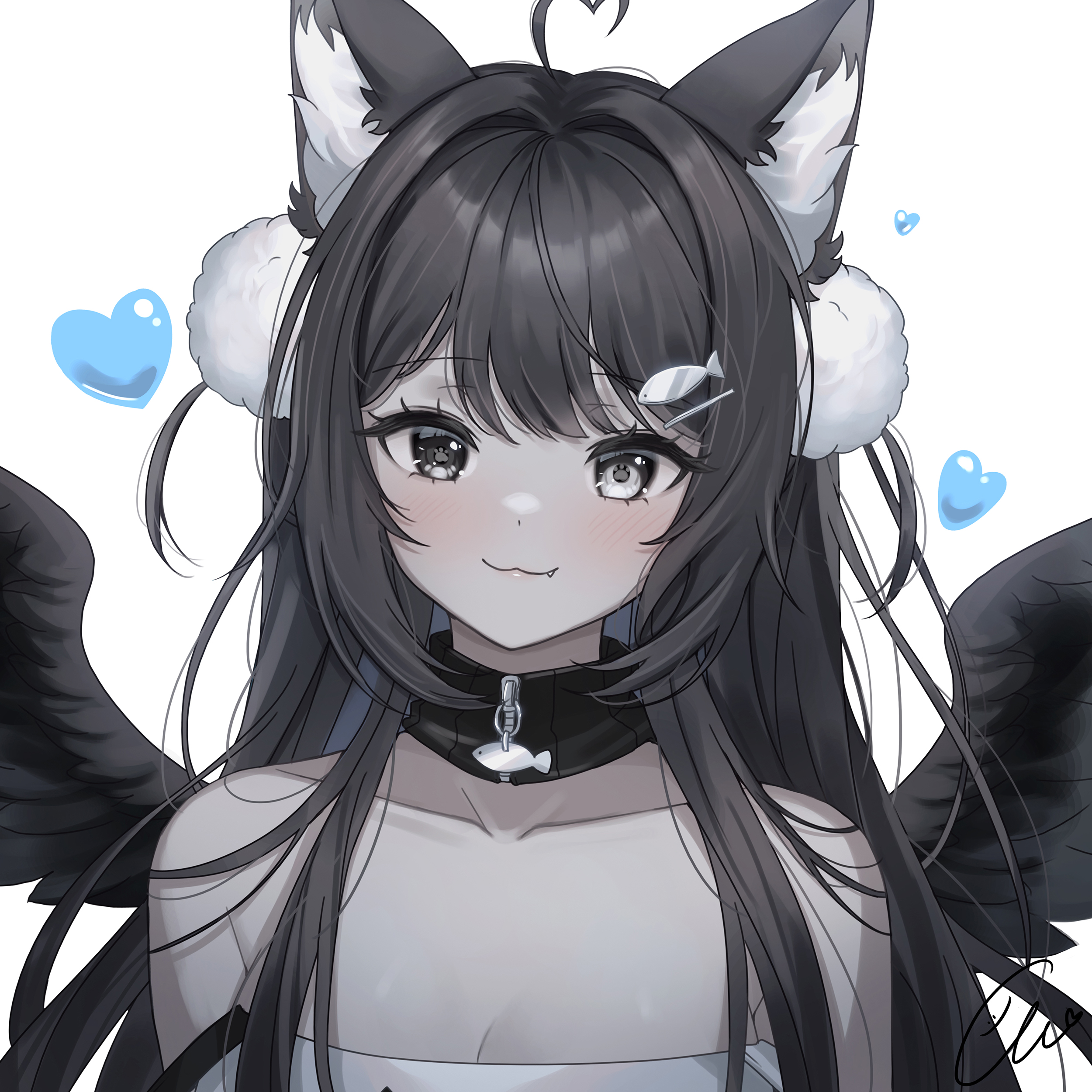 ella 7737, original, absurdres, commentary, commentary request, english commentary, highres, mixed-language commentary, 1girl, :3, ahoge, animal ear fluff, animal ears, bare shoulders, black collar, black eyes, black hair, black wings, blush, cat ears, cat girl, closed mouth, collar, collarbone, colored skin, fang, fang out, feathered wings, fish hair ornament, grey eyes, grey skin, hair ornament, heart, heart ahoge, heterochromia, long hair, looking at viewer, pom pom (clothes), simple background, solo, straight-on, swept bangs, upper body, white background, wings