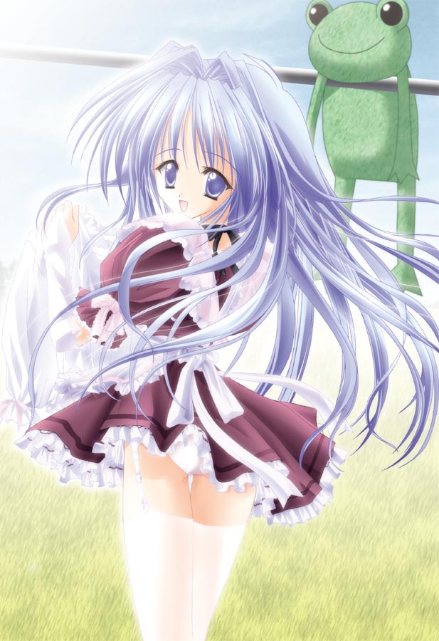 minase nayuki, kanon, blue eyes, blue hair, long hair, maid, panties, pantyshot, solo, thighhighs, underwear
